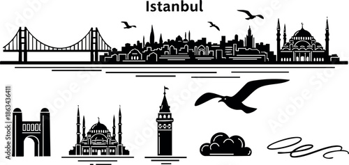 Istanbul city skyline silhouette with iconic landmarks and seagulls flying above vector illustration
