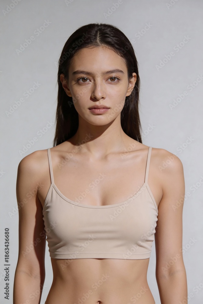 Fototapeta premium Front view portrait of a young woman wearing a beige top looking directly at the camera.