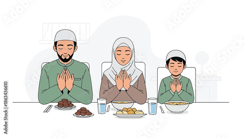 Muslim Family Praying Together Before Iftar During Ramadan Flat Vector Illustration