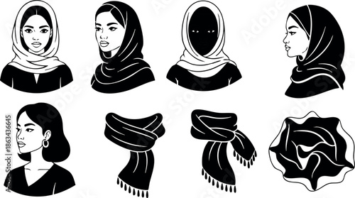 Vector set of diverse women with hijabs and scarves in various styles and angles black and white illustration for cultural fashion design
