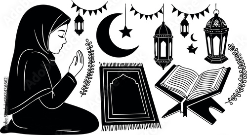Muslim woman praying with Quran and Ramadan lanterns Islamic religious spiritual vector illustration