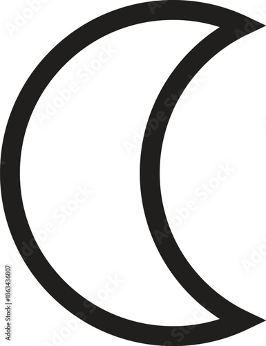 Simple black outline of a crescent moon isolated on a white background, representing nighttime, astronomy, lunar cycles, sleep, dreams, space, astrology, and minimalist night sky graphic design.