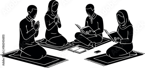 Muslim family praying and reading Quran vector illustration with black silhouette style and traditional clothing for religious culture design