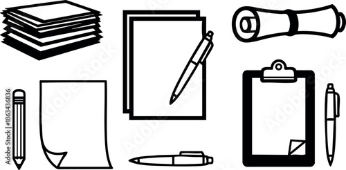Office paper stack clipboard pen pencil and document vector icons in black and white design