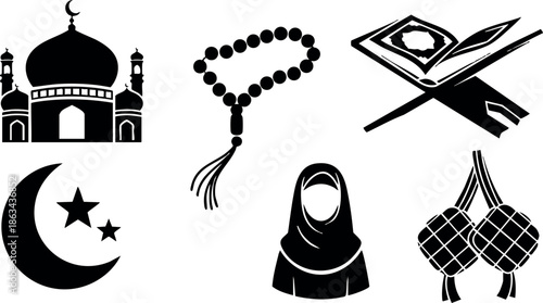 Islamic symbols including mosque, prayer beads, Quran, crescent moon with star, hijab, and ketupat design vector set