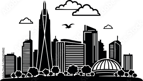 City skyline with skyscrapers and dome building in black and white vector design urban architecture landscape