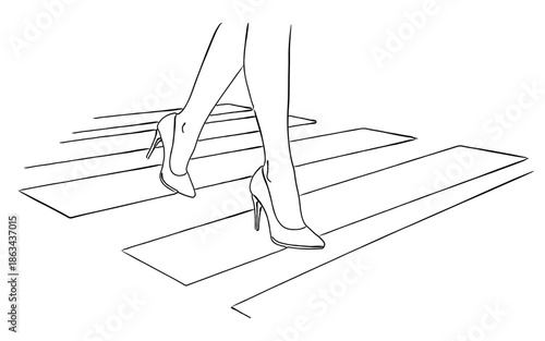 横断歩道を歩くハイヒールの足元の線画イラスト｜出発・行動・自立のコンセプト