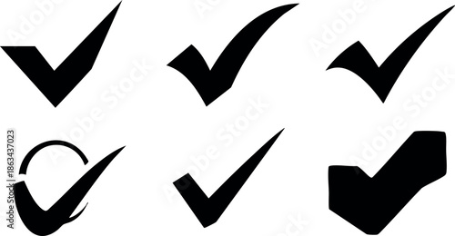 Black check mark icons vector set with various styles and shapes for design and validation purposes