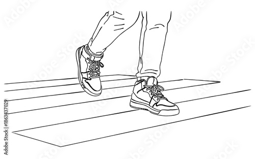 横断歩道を歩くスニーカーの足元の線画イラスト｜日常・前進・スタートのコンセプト