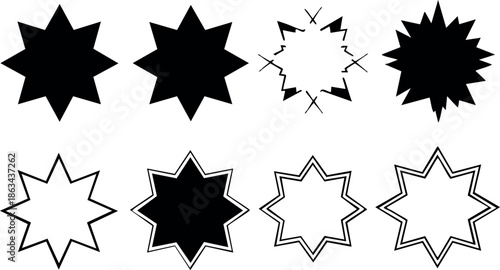 Set of eight black and white star shapes with sharp points vector design elements for decoration and graphic use
