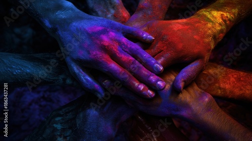 Holi Colors Team Hands Stack Unity Dark Background