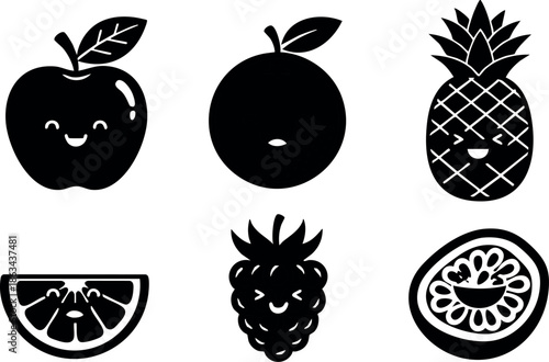 Cute happy apple orange pineapple raspberry and passion fruit black silhouette vector set with leaves and smiling faces