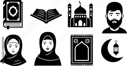 Islamic religious symbols and Muslim people vector icons including mosque, Quran, prayer mat, crescent moon, and lantern