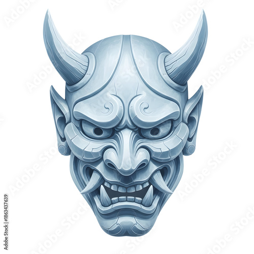 Japanese Oni Mask Sculpture with Horns and Fierce Expression.