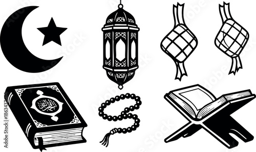 Islamic religious symbols including crescent moon star lantern prayer beads holy book and open Quran vector set