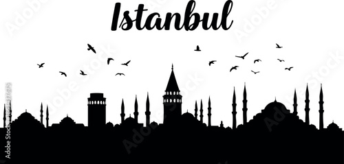 Istanbul city skyline silhouette with birds flying over historical buildings and towers vector illustration