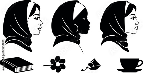 Muslim woman profile set with hijab and cultural elements including book flower and coffee cup vector illustration