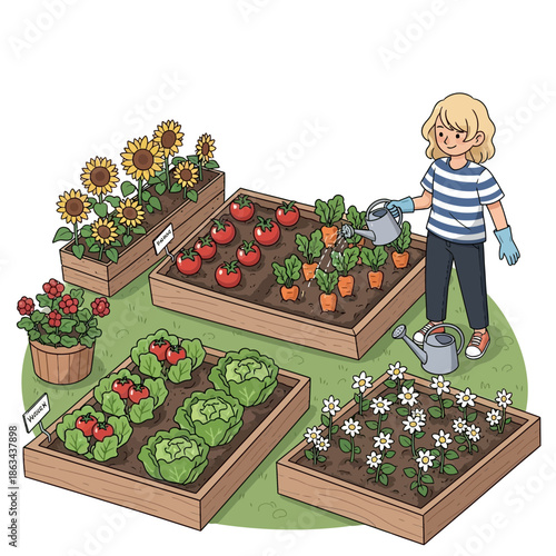 Girl watering vegetable garden with sunflowers, tomatoes, carrots, lettuce and flowers