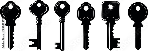 Vintage black skeleton keys silhouette set with different shapes and designs for decoration and security concepts vector illustration