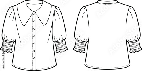 Women button blouse front and back view technical fashion sketch, puff sleeve smocked cuff shirt cad drawing flat vector illustration design
