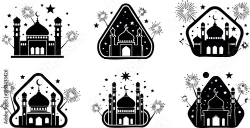 Islamic mosque silhouette icon set with crescent stars and decorative elements vector design collection