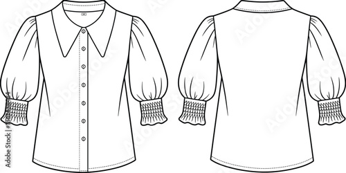 Women button blouse front and back view technical fashion sketch, puff sleeve smocked cuff shirt cad drawing flat vector illustration