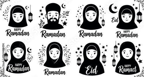 Ramadan and Eid Muslim characters with lanterns crescent stars festive celebration vector set
