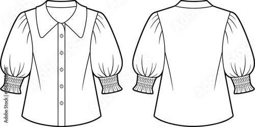 Women button blouse front and back view technical fashion sketch, puff sleeve smocked cuff shirt cad drawing flat vector illustration