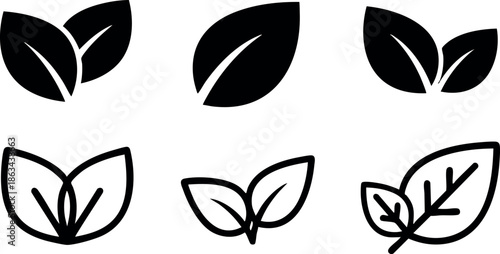 Leaf icons simple black and white nature symbol set for eco friendly design and botanical vector illustration