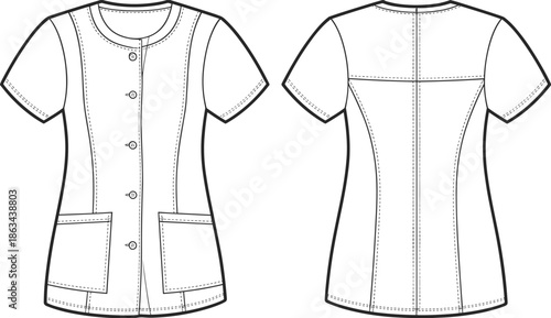 Women medical scrub top technical fashion flat sketch, front back view, short sleeve uniform shirt, cad drawing flat vector illustration