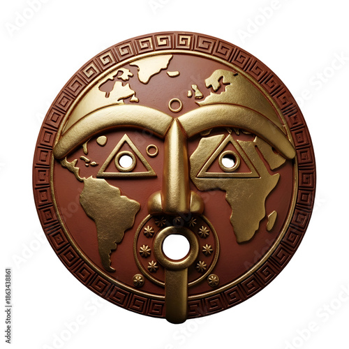 Mysterious Ancient Face with World Map and Masonic Symbols.