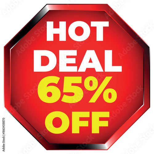 Red Octagon Hot Deal 65 Percent Off Sale Sign Isolated discount offer