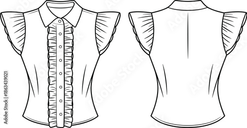 Women ruffle blouse front and back view technical fashion sketch, sleeveless button top cad drawing flat vector illustration