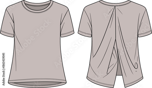 Women t shirt technical flat sketch vector illustration front and back view pleated split back design fashion apparel cad drawing
