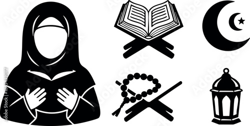 Muslim woman praying with Quran crescent moon lantern and prayer beads vector icons for religious symbolism