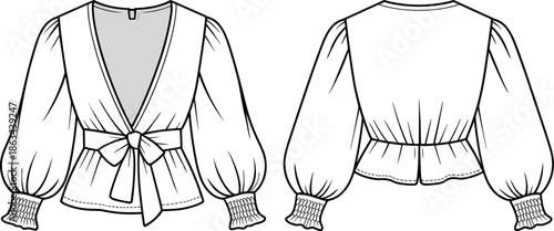 Women's wrap blouse technical fashion flat sketch front back view puff sleeves bow waist cad vector illustration apparel design template