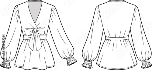 Women wrap top technical fashion flat sketch front back view long puff sleeves bow waist cad vector illustration