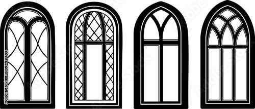 Gothic style arched window designs with intricate patterns and classic architectural elements vector set