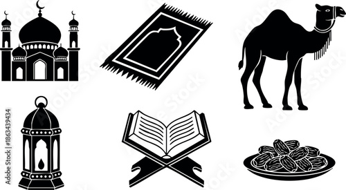 Islamic symbols including mosque silhouette, prayer rug, camel, lantern, Quran book, and traditional dates plate vector set