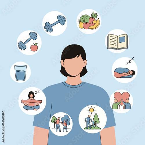 Healthy Lifestyle Concept: Balance, Self-Care, Fitness, Nutrition, Rest, Relationships