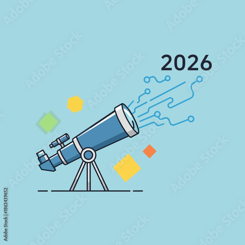 Telescope Observing Future 2026 with Digital Connections, Innovation Concept