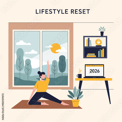 Woman doing yoga at home, lifestyle reset, healthy living, new year resolution