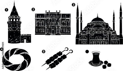 Vector set of Istanbul landmark silhouettes including Galata Tower and mosque with minarets and traditional elements