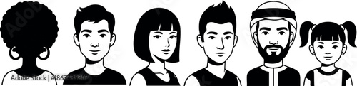 Diverse group of people avatars with different hairstyles and facial expressions vector illustration