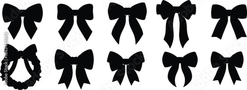 Collection of decorative ribbon bow silhouettes isolated
