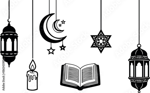 Islamic lanterns crescent stars decorative elements holy book Ramadan vector design black and white