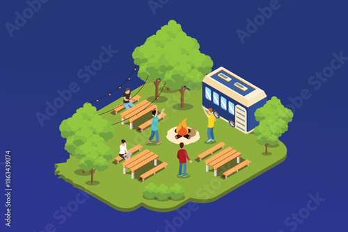 3D Isometric Flat Vector Illustration of Street Food Restaurant, Summer Public Entertainment Party