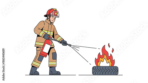 Firefighter Using Fire Extinguisher Safety Training Flat Vector Illustration with Clear Outlines