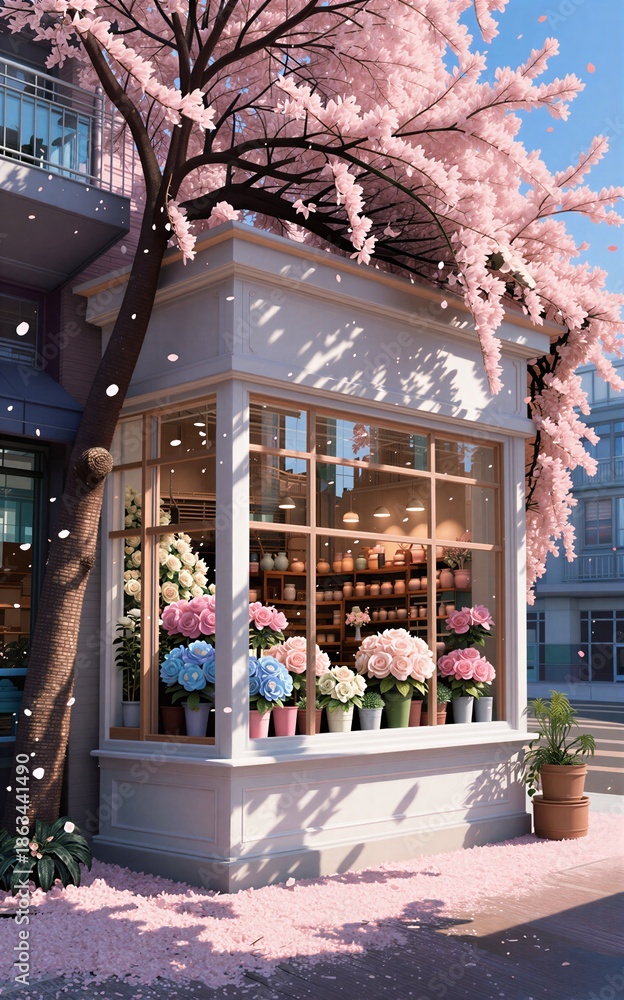 Naklejka premium Cherry blossoms frame cozy flower shop window, petals scatter on sidewalk.