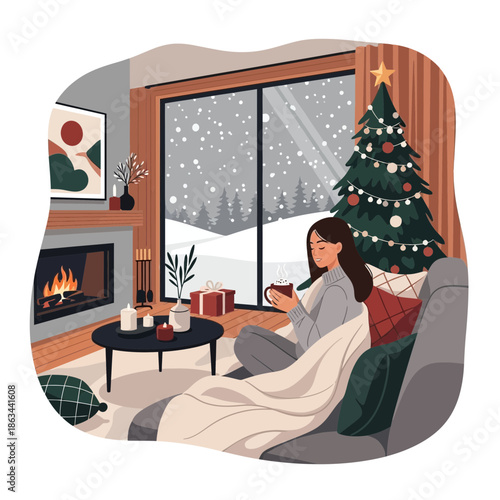 Cozy Winter Evening: Woman Enjoying Christmas by Fireplace and Snowing Window